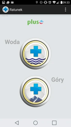 Ekran aplikacji RATUNEK z opcjami Woda i Góry